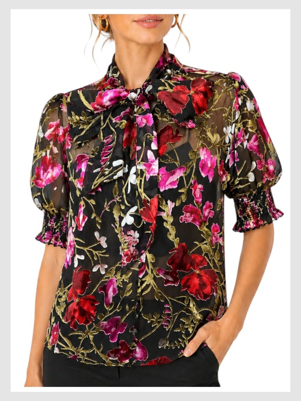 Ted Baker Floral Blouse Puff Sleeve Black pink L